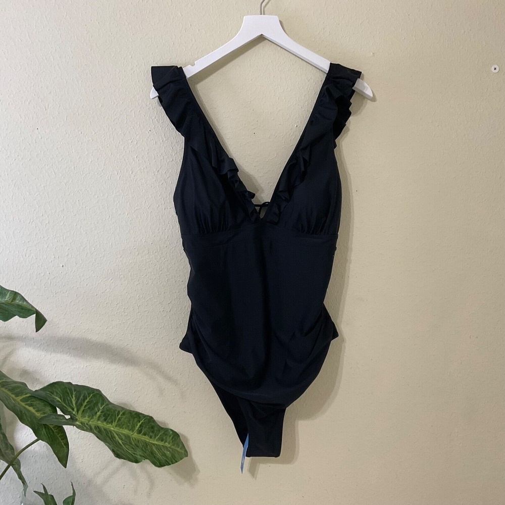 Cupshe One Piece Swimsuit Black Ruffled Neck Lace Up Back Padded Womens Size XXL